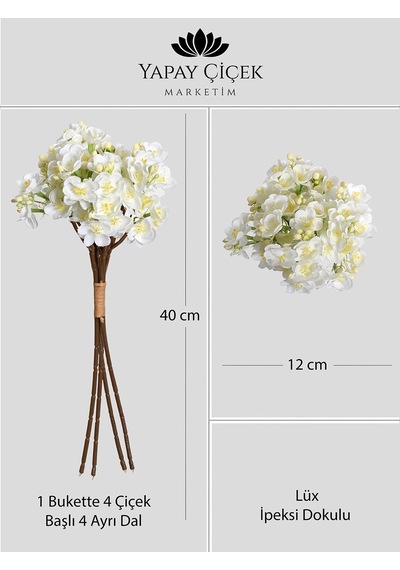Beyaz Yapay Yasemin Çiçeği Buketi 4 Dallı Lüx İpeksi Dokulu 40 Cm