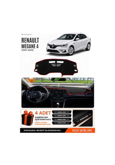 Renault Megane 4 2016-2024 Uyumlu Torpido Örtüsü, Torpido Kılıfı - Siyah Kırmızı