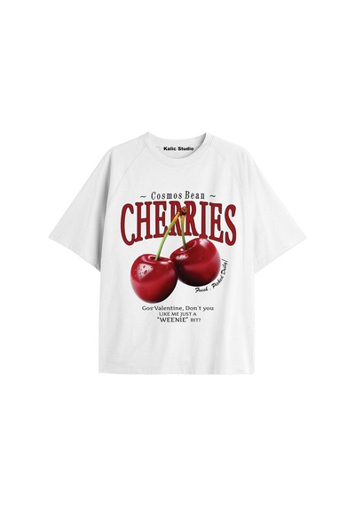 Kalic Studio Unisex Erkek Kadın Cherrıes Özel Baskılı Oversize Pamuklu Bisiklet Yaka T-shirt Beyaz