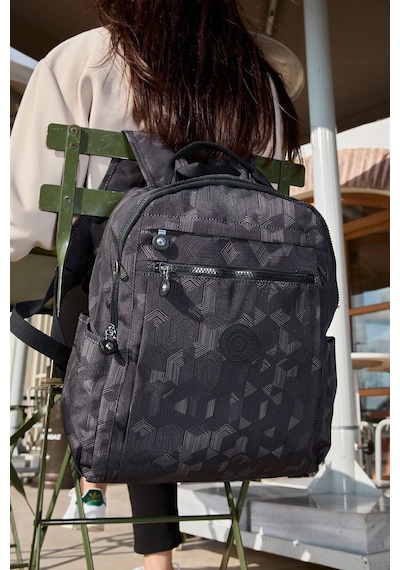 Sanmorris Unisex Suya Dayanıklı Krinkıl Kumaş Çok Gözlü Siyah Desenli Laptop Okul Ve Sırt Çantası Siyah