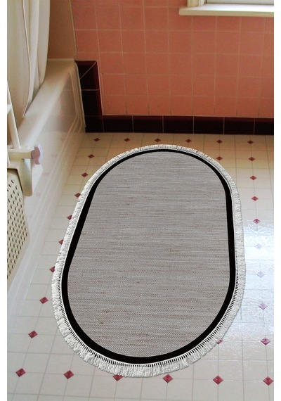Dekoreko Kaymaz Taban Djt Banyo Mutfak Salon Halı Trend Saçaklı Oval Dokuma Desen E5001 Kahve