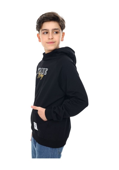 Toontoy Kids Toontoy Erkek Çocuk Relax Fit Kapüşonlu Cepli Reglan Kol Baskılı Sweatshirt - 2 İplik Siyah