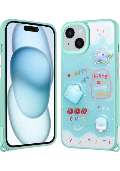 Apple Uyumlu iPhone 14 Plus Kılıf Kabartma Figürlü Parlayan Sıvılı Simli Cevze Kapak