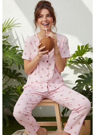 Siyah İnci Bürümcük-krınkıl Kısa Kollu Düğmeli Örme Pijama Takım 26120526 Pembe