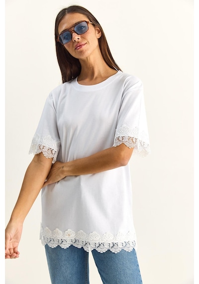 Shade Kadın Bisiklet Yaka Dantel Detaylı Oversize T-shirt 2134 60286120 - Beyaz
