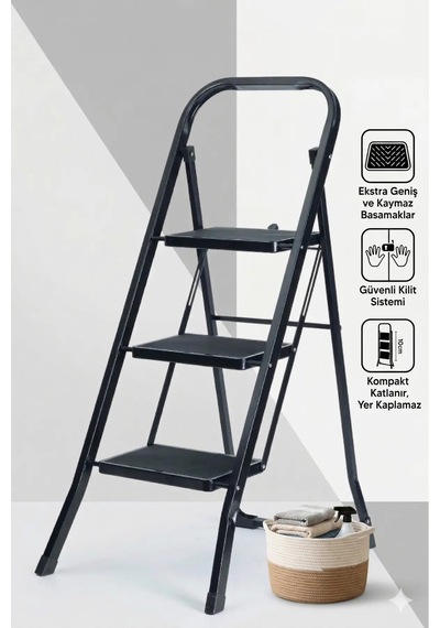 Minitower 3 Basamaklı Metal Merdiven - Ekstra Güçlü Siyah 3basamaklı