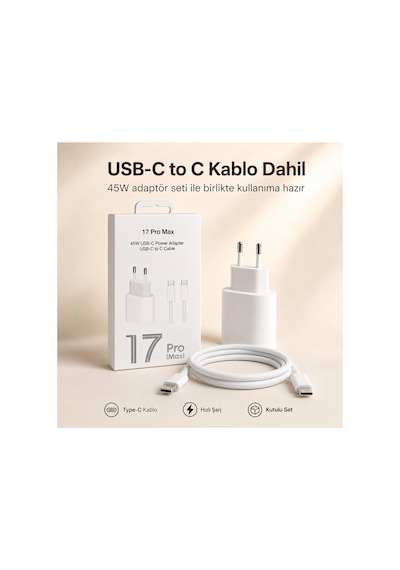 45w Type-c Hızlı Şarj Adaptörü Usb-c To C Kablo Seti 1 Metre Beyaz