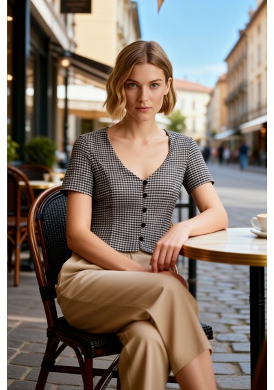 Benerly Kadın Bluz Crop V Yaka Kısa Kol Ekose Kareli Desen Düğmeli Fitted siyah