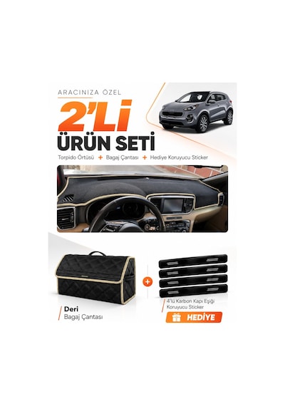Kia Sportage 2018-2021 Uyumlu Torpido Örtüsü + Deri Bagaj Çantası + Sticker Seti - Siyah Bej