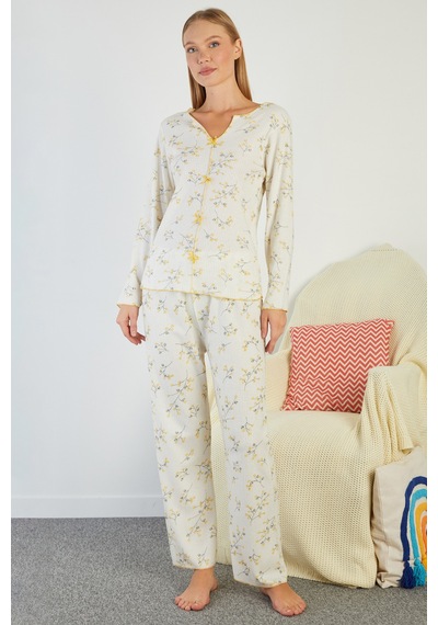 Fullamoda Çiçek Desenli V Yaka Pijama Takımı Sarı