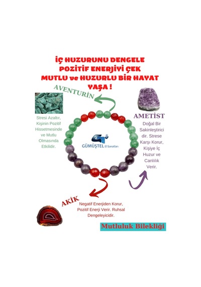 Gümüştel El Sanatları Sertifikalı Mutluluk Iç Huzur Pozitif  Doğal Taş Tılsım Bilekliği Aventurin-ametist-akik Çok Renkli