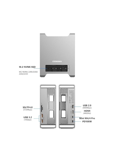 Codegen Apple Uyumlu Mac Mini M4/m4 Pro 9 İn 1 Type-c Hdmı Nvme Ssd Alüminyum Çevirici Stand Docking Station Cdg-nsc201