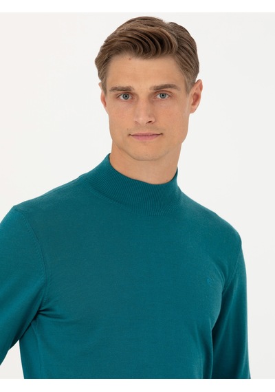 Cacharel Açık Petrol Slim Fit Bisiklet Yaka Basic Triko Kazak