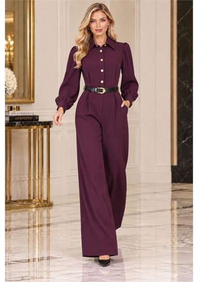 Neşeli Butik Kadın Mürdüm Balon Kol Kemerli Gömlek Yaka Krep Kumaş Tulum Nbk5006