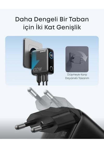Şarj Cihazı, 100w Maksimum Güç, Kompakt, 3 Bağlantı Noktalı, Gan Usb-c Şarj Bloğu, Akıllı Ekran Ve Dokunmatik