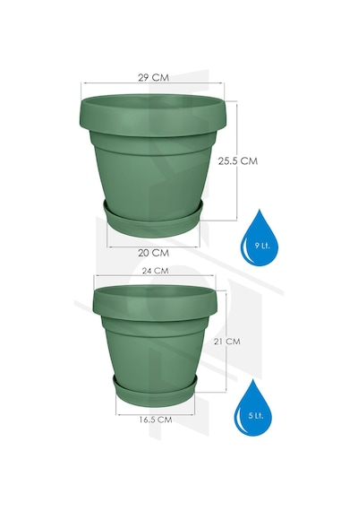 Tabaklı Delikli Plastik Çiçek Saksısı, 9 Ve 5.5 Lt 2 Boy, Yeşil Diğer