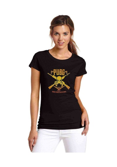 Pubg Kurukafa Sarı Baskılı Siyah Kadın Tshirt
