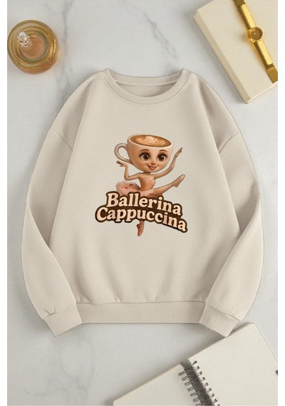 Uyguntarz Unisex Ballerina Cappucina Baskılı Oversize Bisiklet Yaka Sweatshirt Bej