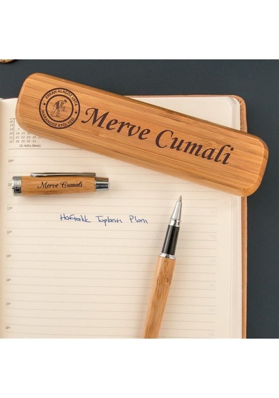 Kurumsal Firmalara Özel Logo İsim Yazılı Bambu Kutulu Kalem Seti