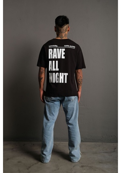 Technomonkey Unisex Siyah Oversize Rave All Night Baskılı Tişört