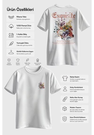 Spoyi Exquisite Bloom Tasarımlı %100 Pamuk Yarım Oversize Beyaz T-lhirt
