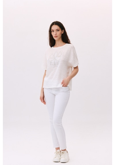 Daido Kadın Yuvarlak Yaka Kısa Kollu Desenli T-shirt 6217 Ekru
