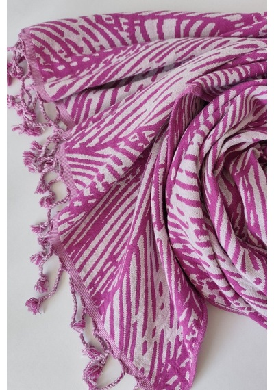 Jakarlı Müslin Peştemal-yaprak Desen-90x170 Cm Fusya Fuşya