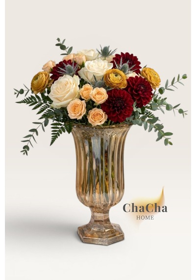 Chacha Home Kristal Görünümlü Cam Vazo 28 Cm Dekoratif Obje Bej