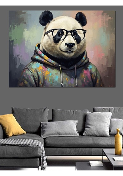 Sweatshirt Giymiş Gözlüklü Panda Tablosu Dekoratif Kanvas - Mdf Ahşap Tablo