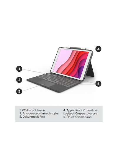 Logitech Combo Touch Apple Uyumlu iPad  7,8,9. Nesil Için Türkçe Klavyeli Kılıf