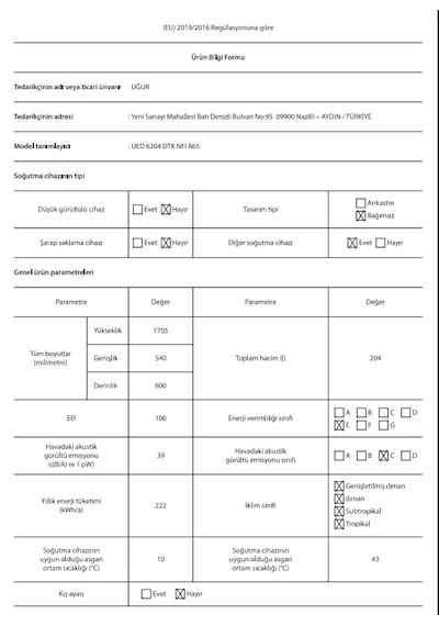 Uğur UED 6204 DTK NFI R65 204 L Dikey No-Frost Derin Dondurucu
