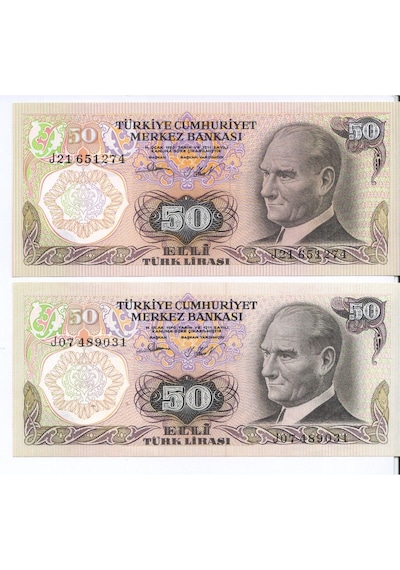 6. Emisyon 50 Lira Kağıt Para 2 Adet Çil