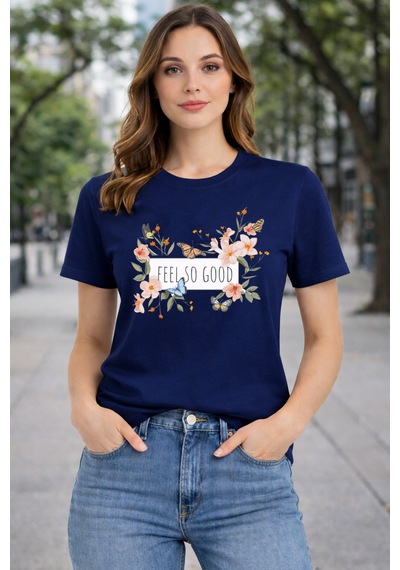 Herkesemoda Feels So Good Baskı Detaylı Basic T-shırt Lacivert