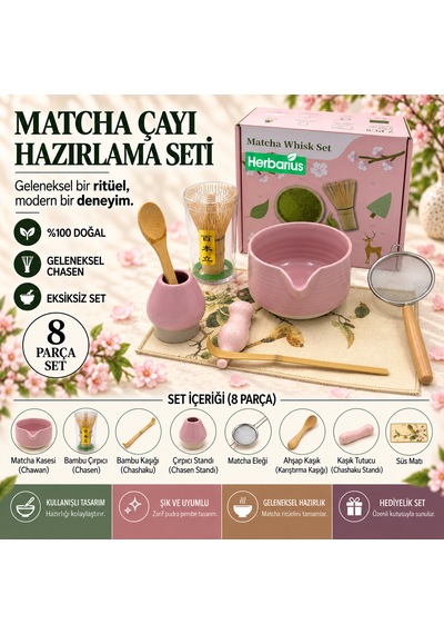 Herbarius 8 Parça Mat Pudra Pembe Renk Matcha Çayı Hazırlama Seti - Geleneksel Japon Matcha Seti