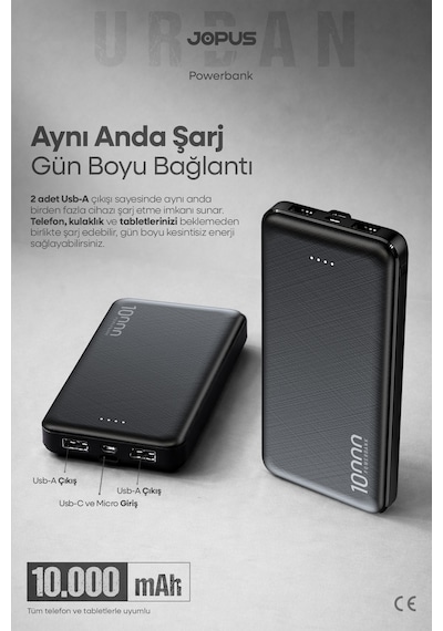 Jopus 10000mah Powerbank - Led Işık Göstergeli - Taşınabilir Şarj Cihazı Siyah