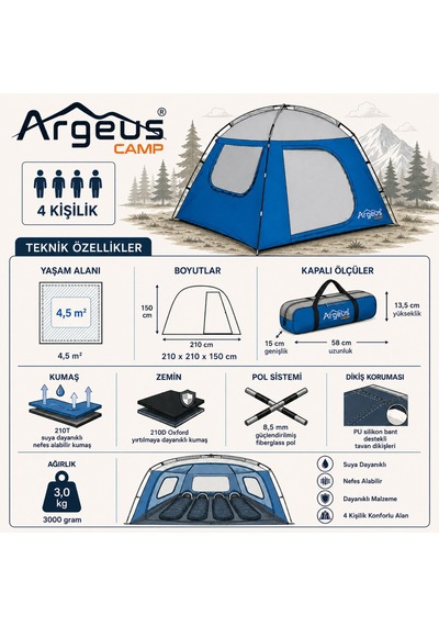 4 Kişilik Gazebo Kamp Gölgeliği - Kamp Çadırı - 210x210x150cm - Argeus Skydome Çok Renkli