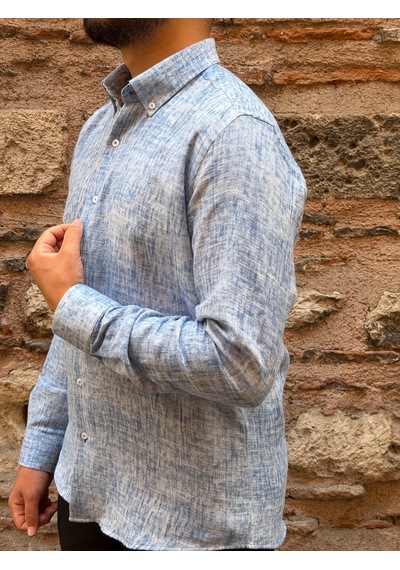 Slim Fit Uzun Kol Müslin Dijital Baskılı Hediye Kutulu Erkek Gömlek Fs-004599 - Mavi-3361 MAVİ