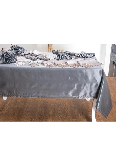 Afife Kadife Gümüş Füme Sofra Takımı 8 Kişilik 160x230 Cm 34 Prç. - 955 Çok Renkli