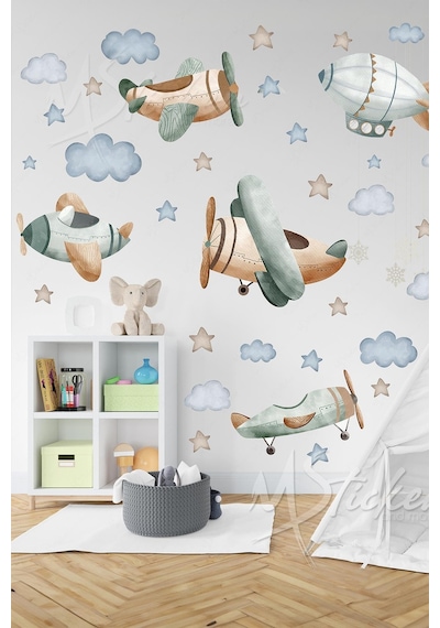 Pastel Tonlarda Planör Uçak Balon Ve Bulutlar Yıldızlar Çocuk Bebek Odası Duvar Cam Dolap Sticker