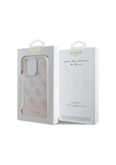 Apple Uyumlu iPhone 16 Pro Kılıf Guess Lisanslı Pu Deri Şerit Logo Dizaynlı Kapak Pembe