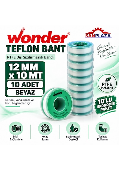 Sanplaza Wonder Teflon Bant 12 Mm X 10 Mt Ptfe Diş Sızdırmazlık Tesisat İzolasyon Bandı 10 Adet