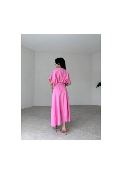 Afiş Butik Kemer Detaylı Yırtmaçlı Piliseli Midi Elbise Pembe Pembe