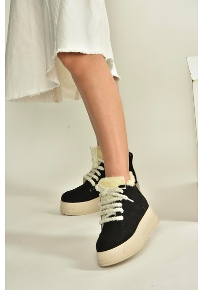 Fox Shoes V367343402 Siyah Süet İçi Tüylü Kalın Tabanlı Kadın Bot Siyah