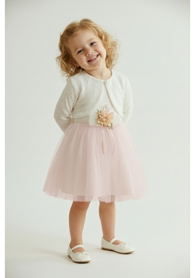 Mnk Baby & Kids Triko Bolerolu Bel Çiçekli Kız Bebek Elbise M00773 açık pembe