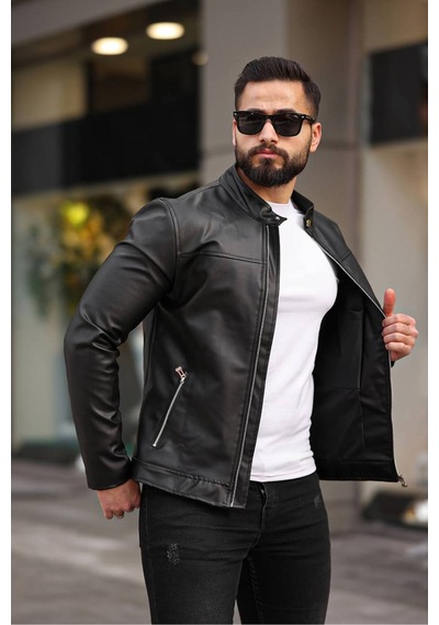 Yeni Sezon Erkek Premium Karbon Deri Slim Fit Mevsimlik Ceket Siyah Deri