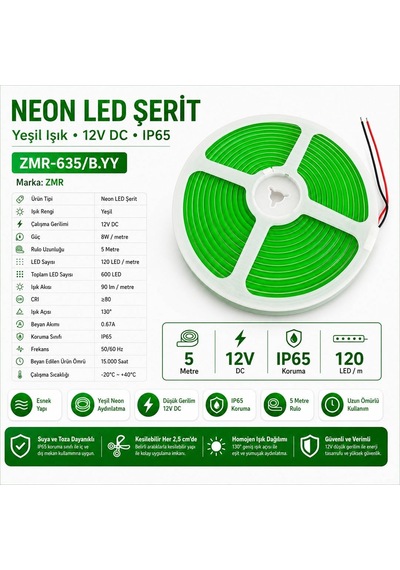 Zmr Zmr-635/b.yy 12v 120 Led'li 5 Metre Yeşil Neon Şerit Led