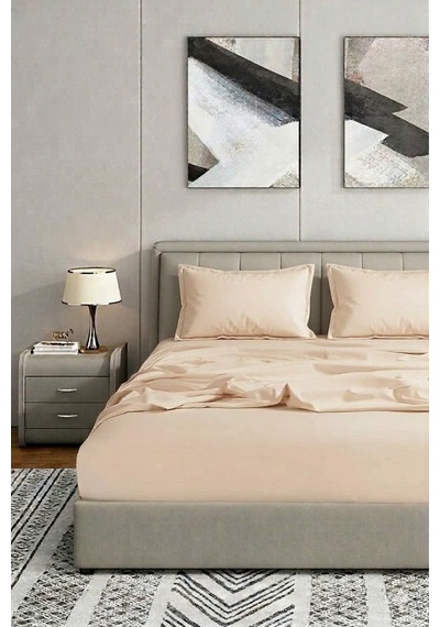 Pamuklu Çift Kişilik Lastikli Çarşaf Takımı 160x200 + 2 Adet Yastık Kılıfı Ekru