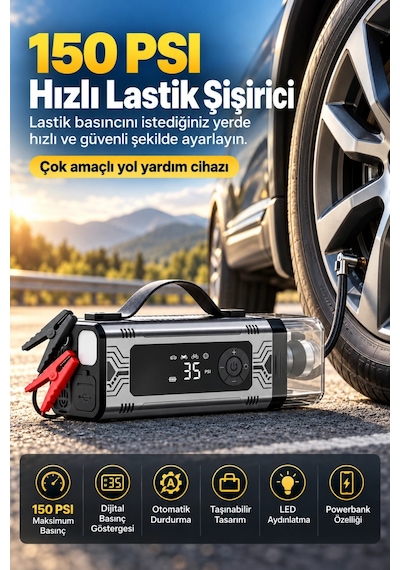 Castu Cs89 Plus Max 18.000 Mah 8 İn 1 Araç Akü Takviye Cihazı Dijital Kompresör Araç Süpürgesi Power