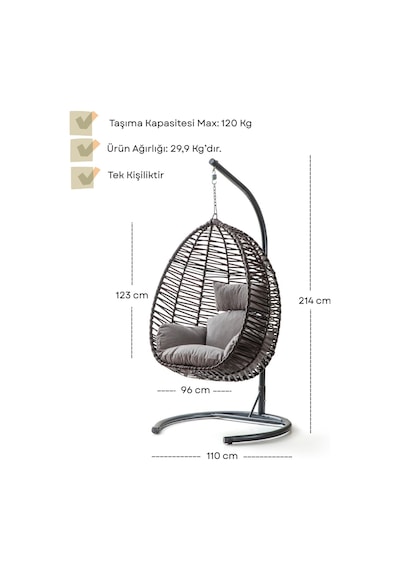 Velura Home & Living Class Bahçe Salıncağı - Kahve Rattan Gri Minder Kahverengi