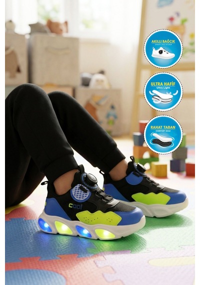 Cool Siyah Misina Bağcıklı Işıklı Fileli Hafif Erkek Çocuk Spor Ayakkabı Leon P
